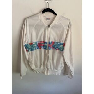 Vintage Sun Blocks White Tropical Floral Stripe Zip Up Windbreaker Jacket USA
